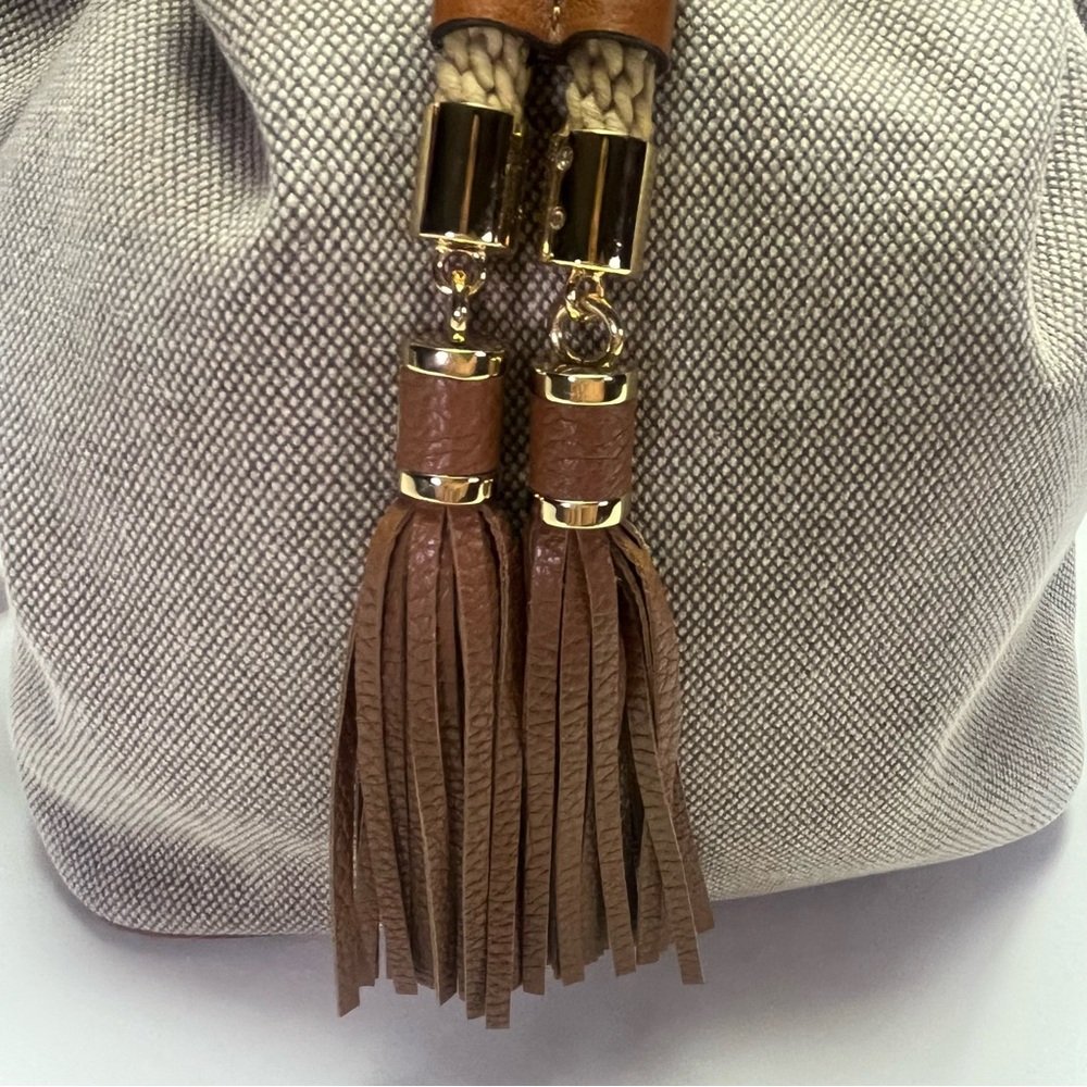 Michael Kors Metal Gold Canvas Leather-Trimmed Women's Bucket Bag Tassels - Picture 3 of 9